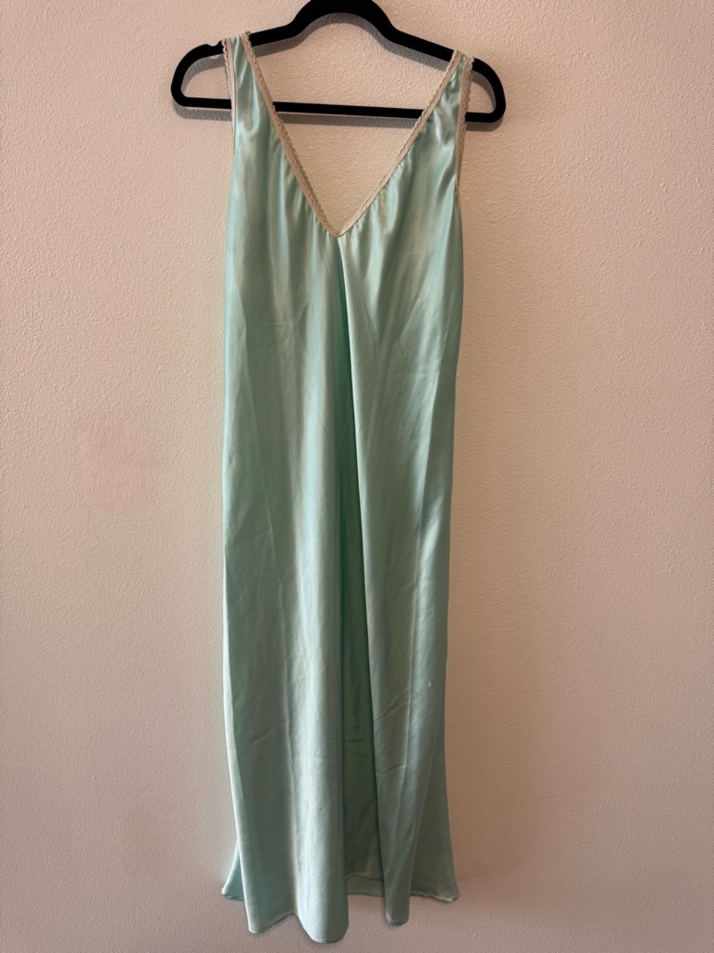 Long Satin Slip Dress in Mint Green with Lace Trim large